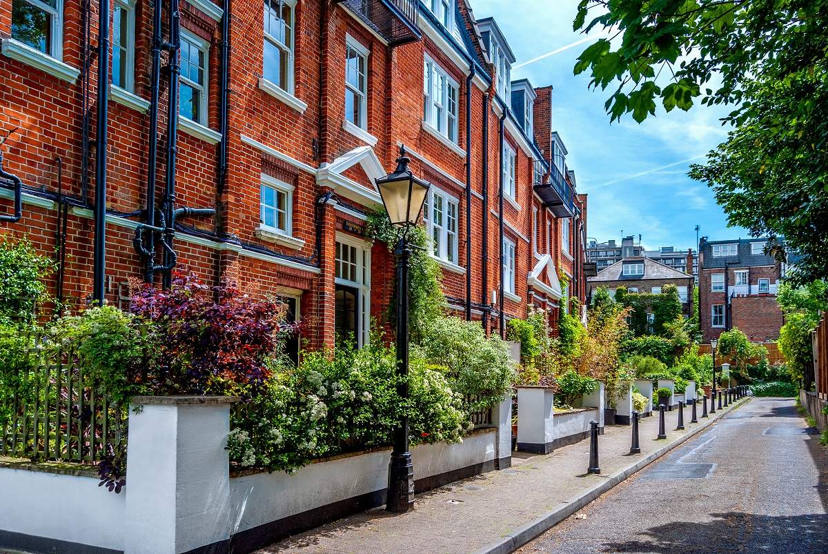 Residential street with red-brick houses and bushes of colorful flowers in Hampstead.